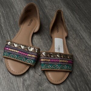 Merona Tan Slides with Green, Pink & Gold Embellished Straps